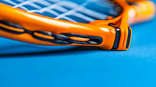 A close-up of a tennis racket in vivid detail. The background fades into no shadows A vibrant yet realistic color palette emphasizing the color of the racket