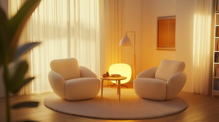 Serene Evening Living Room with Soft Lighting and Comfortable Armchairs