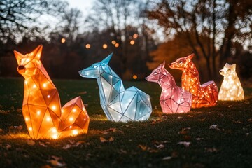 A zodiac-themed art installation in a city park, featuring illuminated sculptures of each astrological sign