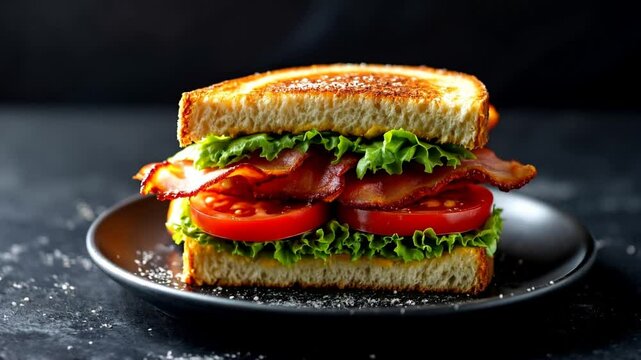 A BLT sandwich with crispy bacon, fresh lettuce and juicy tomatoes on toasted bread.