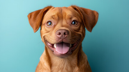 Obraz premium A brown and white dog with a big smile on its face. The dog is looking at the camera and he is happy