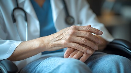 Obraz premium Female doctor gently stroking hand of wheelchair patient, reassuring during diagnosis,