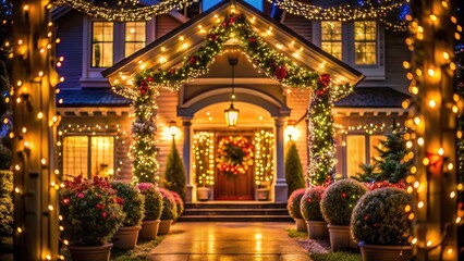 Fototapeta premium Festive lights blur into bokeh, illuminating a house silhouette at night's celebration.
