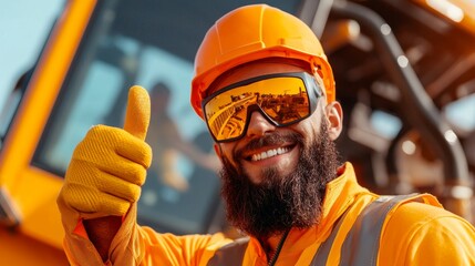 A smiling construction worker in safety gear gives a thumbs-up, showcasing confidence and safety on site with heavy machinery in the background.