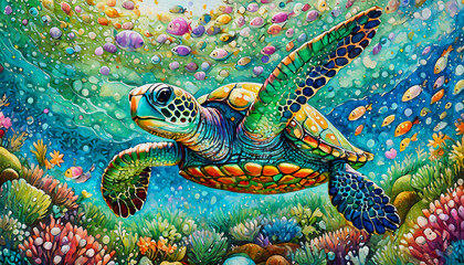 Fototapeta premium Oil painting style Cartoon character animated Underwater view capturing a green sea turtle gracefully swimming