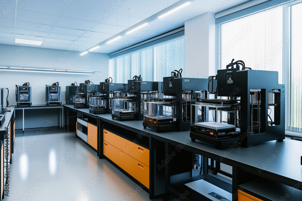 Poster a high-tech lab featuring multiple 3d printers producing intricate designs.