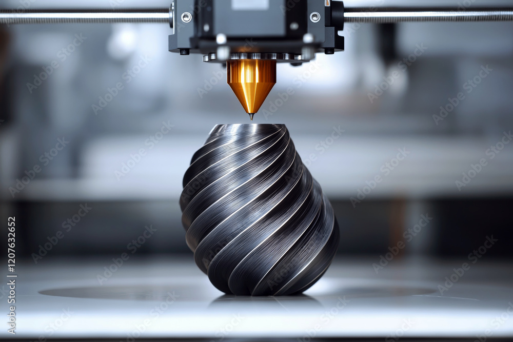 Poster top-down view of a 3d printer working on a spiral vase with a metallic finish.