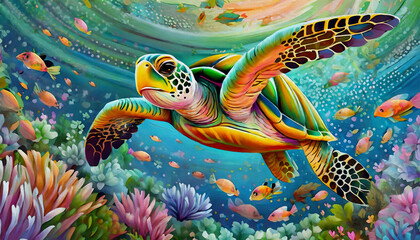 Oil painting style Cartoon character animated Underwater view capturing a green sea turtle gracefully swimming