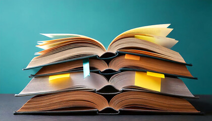 Naklejka premium Stack of open books with colorful bookmarks, against a teal background. Perfect for education, learning, knowledge, literature, and back-to-school themes.