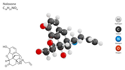 Molecule: Naloxone. Opioid Antagonist. Molecular structure. Formula: C19H21NO4. Chemical model: Ball and stick. Black background. 3D illustration.