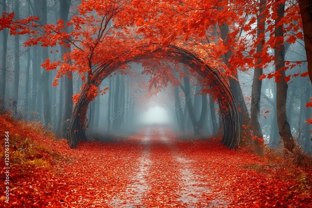 Poster red autumn forest path leading to a mysterious bright light