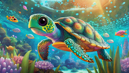 Obraz premium Oil painting style Cartoon character animated Underwater view capturing a green sea turtle gracefully swimming