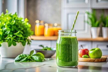 Fototapeta premium Fresh, healthy green smoothie recipe photographed in a minimalist kitchen setting.