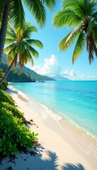 Fototapeta premium Stunning tropical beach with palm trees and crystal-clear water under a blue sky.