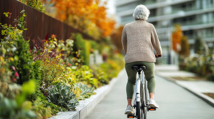 Elderly woman enjoys a leisurely bike ride through a colorful urban garden in autumn