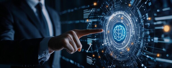 A business professional interacts with a digital brain interface, symbolizing the integration of technology and artificial intelligence.