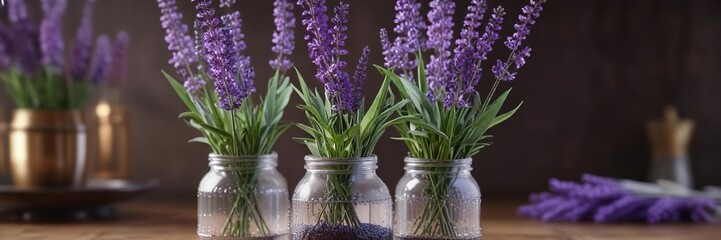 Fototapeta premium Fresh lavender and lilac stems in a mercury glass container, soft purple, lavender