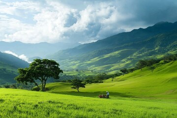 Coffee Harvesting Background. Worker Collecting Ripe Red Coffee Cherries in Lush Green Field Under Cloudy Sky. Rural Plantation with Rolling Hills and Scenic Landscape. AI generated