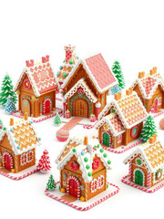 Naklejka premium Assorted yellow and blue gingerbread houses with candy decorations, Christmas, festive, baked goods, cookies