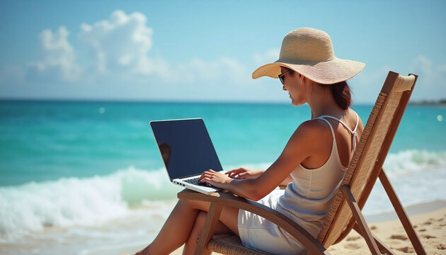 Woman working on laptop at beach under blue sky. Remote work  concept, summer vacation. Working in travel