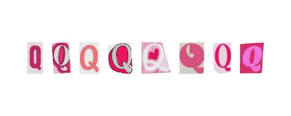 Letter Q, barbiecore set of cut-out elements from magazines on a white background, cute retro y2k ransom style