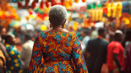Fototapeta premium Elderly woman in colorful African attire walks through a vibrant market during a lively afternoon