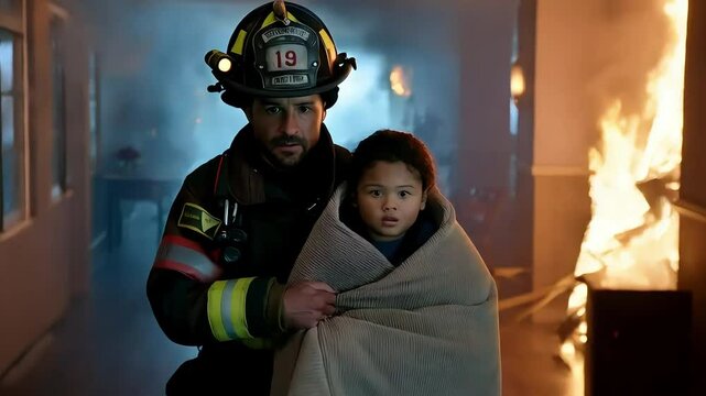 Firefighter shielding a child with a blanket while escaping a smoke-filled apartment building. Heartwarming heroic moment of bravery and humanity during a crisis