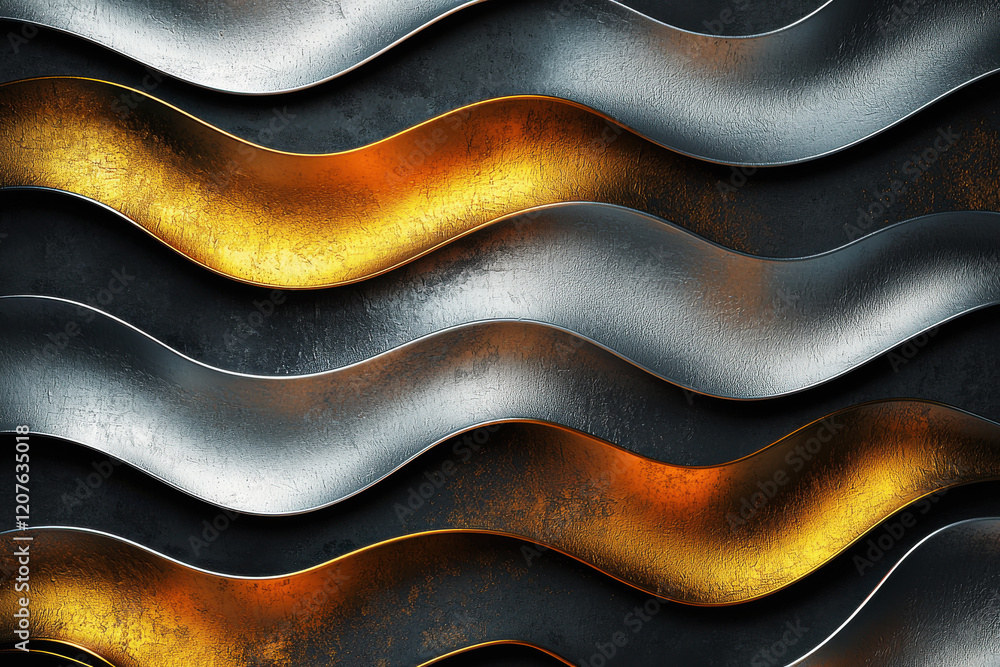 Poster elegant abstract pattern with layered metallic waves in shimmering colors, showcasing intricate desi