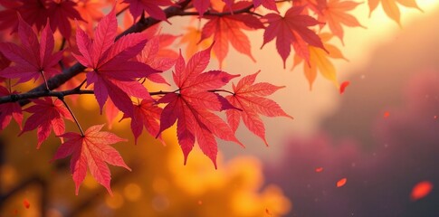 Vibrant autumn leaves in red and orange hues illuminated by soft sunlight.