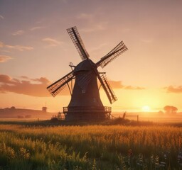 Naklejka premium An old windmill standing alone in a field with a bright sunrise shining behind it, , sunrise, rustic scene