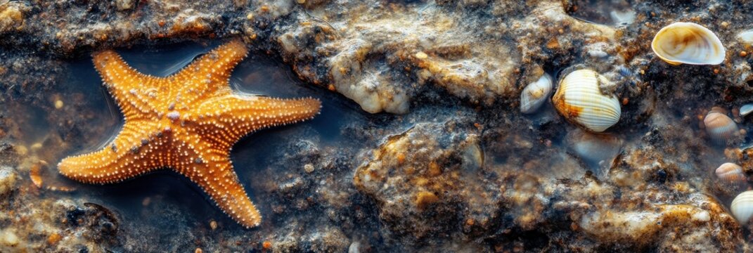 Starfish with textured shells and rocks in tidal pool at low tide on rocky beach