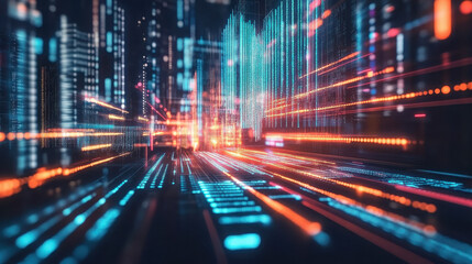 Fototapeta premium Abstract digital landscape with vibrant lines and glowing elements representing technology.