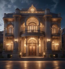 Obraz premium An illuminated Art Deco palace with ornate decorations, luxury cinema, opulent decorations, grandiose architecture