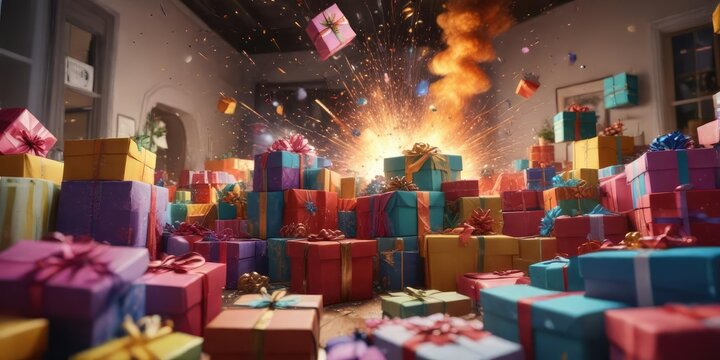An explosion of color and texture, as a sea of unopened boxes and presents spill out onto the table, creating a vibrant and joyful atmosphere , boxes,