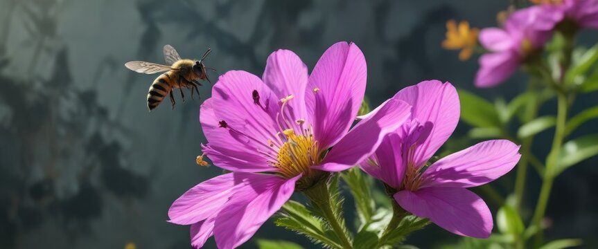 An Exora flower with a single bee hovering around it in the background, bees, yellow, background