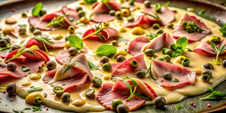 Generative photography captures the creamy elegance of Vitello Tonnato, a timeless Italian culinary masterpiece.
