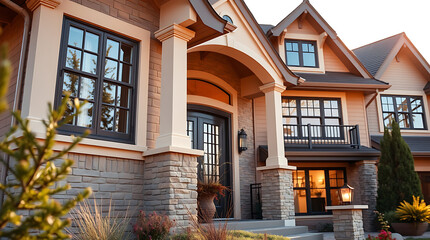 Fototapeta premium Luxury Home Exterior: Modern Architecture, Brick Facade, and Landscaped Garden. A stunning example of residential design, showcasing elegant features and curb appeal.