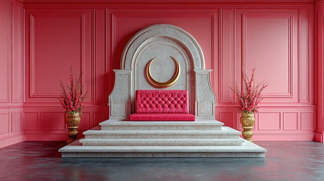Pink throne room with ornate stone dais and crescent moon.