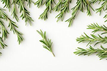 Naklejka premium Fresh rosemary needles scattered on a clean surface, showcasing their vibrant color and texture for culinary inspiration