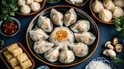 Fototapeta premium Traditional Jiaozi (Chinese Dumplings) Artfully Arranged in Flat Lay on Table. Celebrating Lunar New Year. Chinese New Year Festivities. Asian Traditional Delicacies.