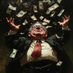 A satirical cartoon style image on the theme of corruption in politics or business, powerful middle aged men with money. 