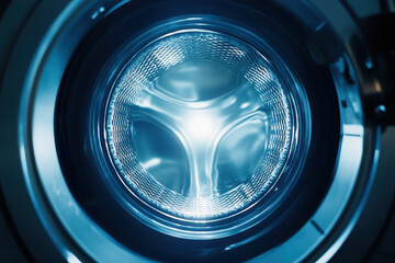 Close-up of a washing machine drum showcasing its reflective surface and design.
