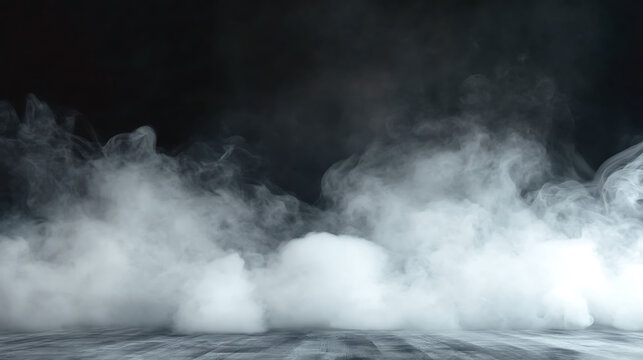 Dramatic smoky backdrop with dark background and wooden floor.  Perfect for moody product photography, Halloween themes, or fantasy scenes.  Highresolution image ideal for posters, websites, and more.