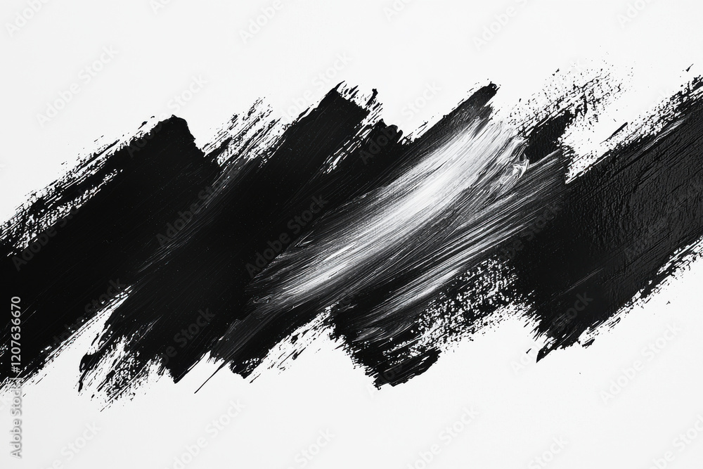 Poster overlapping brush strokes in black and white create a striking abstract composition on a clean backg