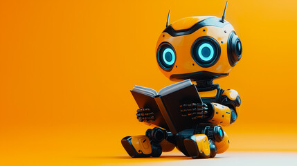 blue robot holding a book