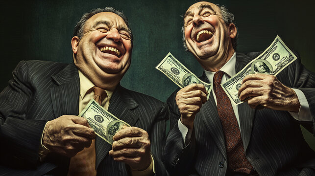 A satirical cartoon style image on the theme of corruption in politics or business, powerful middle aged men with money. Landscape 16:9