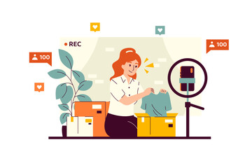 A girl shows the process of unpacking things after moving on a camera mounted on a tripod. Changing winter wardrobe to summer. Decluttering and sorting things. Packing for a vacation in a warm country