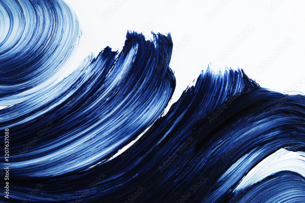 Poster overlapping ink brush strokes create dynamic patterns in deep blue shades on a white background