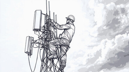 Technician working on telecommunication tower against cloudy sky