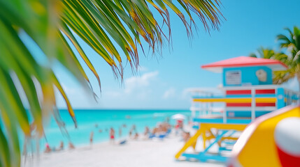 A vibrant beach scene featuring a lifeguard tower and palm trees by the ocean.
